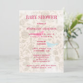 Invitation Bébé Moderne Oiseaux Vintage Douche Aqua Rose (Debout devant)