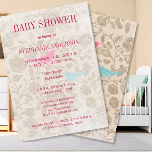 Invitation Bébé Moderne Oiseaux Vintage Douche Aqua Rose
