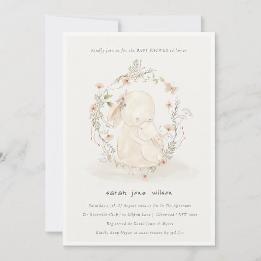 Invitation Bébé mou Mum Lapin Floral Baby shower de couronne (Devant)