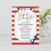 Invitation Bébé Nautique Boy Douche Marine Ancre Red Stripes (Debout devant)