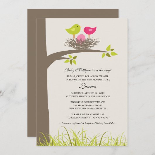 Invitation Bébé Nid Bébé Bébé Fille Douche (Devant / Derrière)