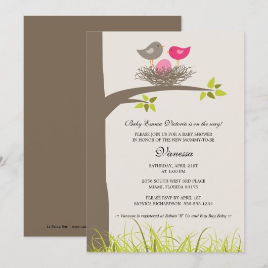 Invitation Bébé Nid Bébé Bébé Fille Douche (Devant / Derrière)