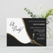 Invitation Bébé noir blanc avec Baby shower Zipper or (Debout devant)