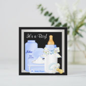 Invitation Bébé noir et bleu mignonne Douche garçon (Debout devant)