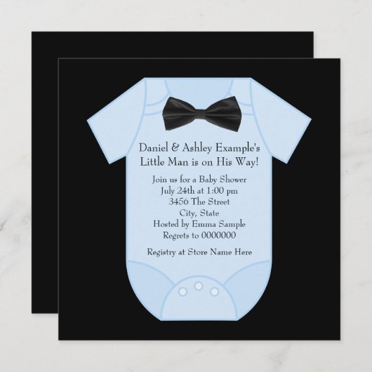 Invitation Bébé noir et bleu mignonne Douche garçon (Devant / Derrière)