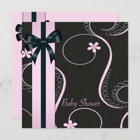 Invitation Bébé noir rose Fille Douche (Devant / Derrière)