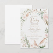Invitation Bébé oiseau aquarelle fleurs feuilles shower de bé (Devant / Derrière)