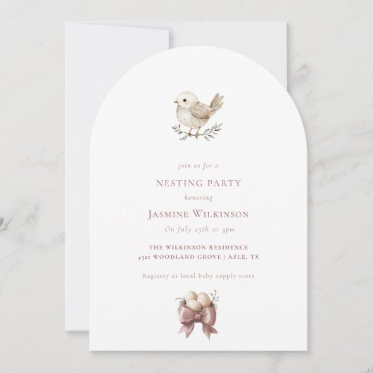 Invitation Bébé oiseau aquarelle minima FÊTE DE NESTING (Devant)