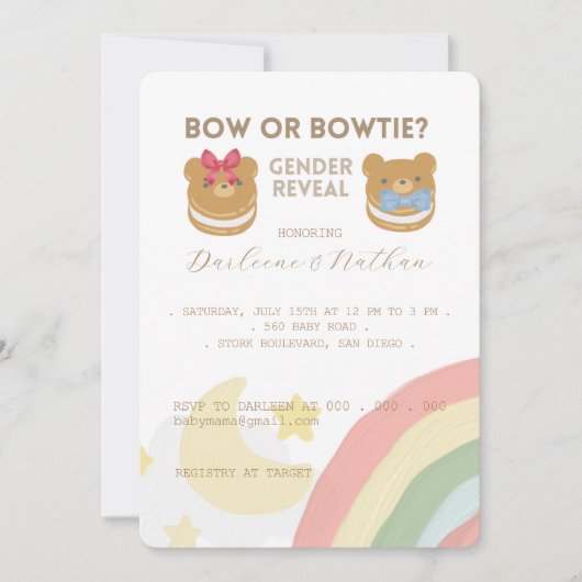Invitation Bébé ours, Bow ou Bowtie, Genre Revevela Party (Devant)