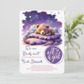 Invitation Bébé ours dormant violet Galaxy Baby shower fille (Debout devant)