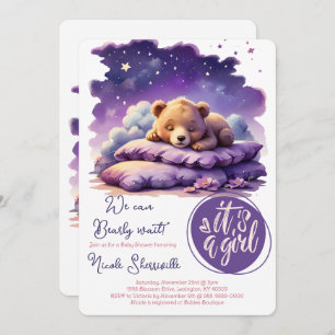 Invitation Bébé ours dormant violet Galaxy Baby shower fille