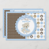 Invitation Bébé ours en peluche Baptême garçon Bleu (Devant / Derrière)
