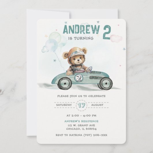 Invitation Bébé Ours Voiture de Course 2e Anniversaire  (Devant)