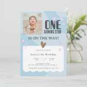 Invitation Bébé paisible Blue Star Photo Bébé 1er anniversair (Debout devant)