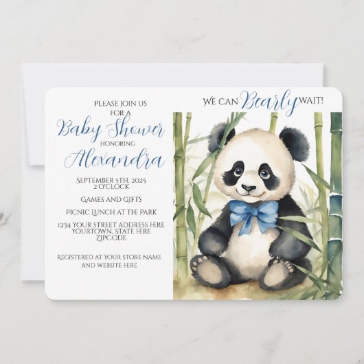 Invitation Bébé Panda ours Garçon Baby shower d'attente préma (Devant)