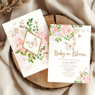 Invitation Bébé papillon en fleur baby shower doré