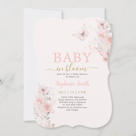 Invitation Bébé papillon en fleur Baby shower fille (Devant)