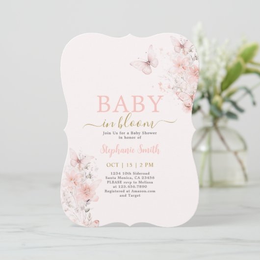 Invitation Bébé papillon en fleur Baby shower fille (Debout devant)