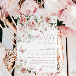 Invitation Bébé papillon en fleur Baby shower floral rose
