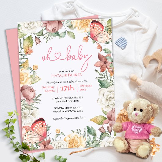 Invitation Bébé papillon rose Floral Girl Baby shower