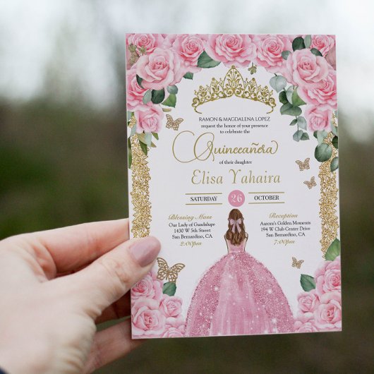 Invitation Bébé papillon rose princesse robe Quinceanera