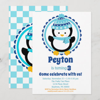Invitation Bébé Penguin Bleu hiver fête d'anniversaire