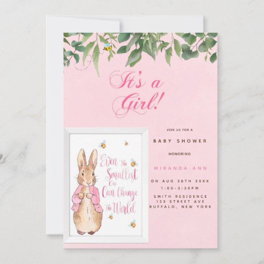 Invitation Bébé Peter Rabbit mignon dans Douche rose Invitati (Devant)
