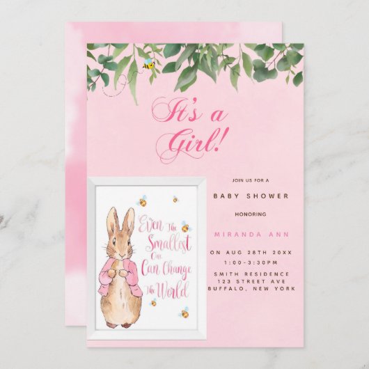 Invitation Bébé Peter Rabbit mignon dans Douche rose Invitati (Devant / Derrière)