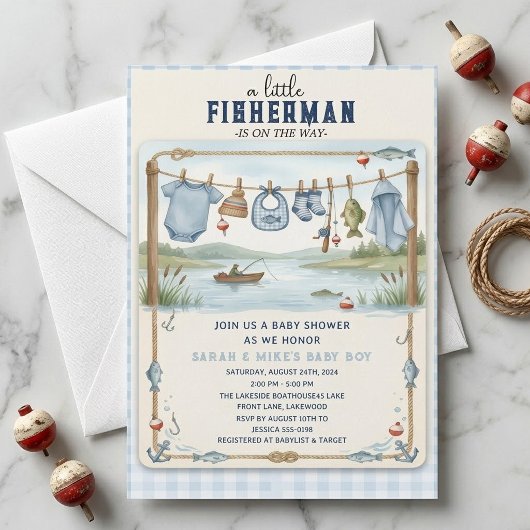 Invitation Bébé Petit Pêcheur Fête Prénatale Garçon Lac Vinta