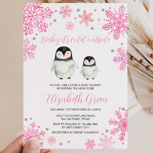 Invitation Bébé Pingouin Hiver Rose Célébration de Naissance