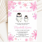 Invitation Bébé Pingouin Hiver Rose Célébration de Naissance