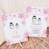 Invitation Bébé Pingouin Hiver Rose Célébration de Naissance