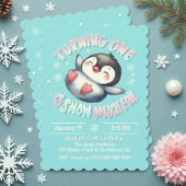 Invitation Bébé premier anniversaire mignon hiver Penguin Aqu