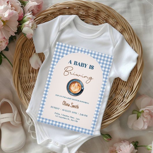 Invitation Bébé prépare du café Baby Shower Gingham Bleu