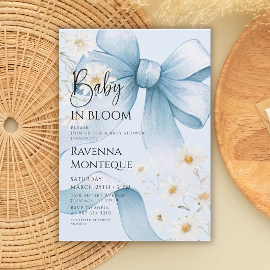 Invitation Bébé Préparé en Fleur Bleue Bow Daisy Baby Shower