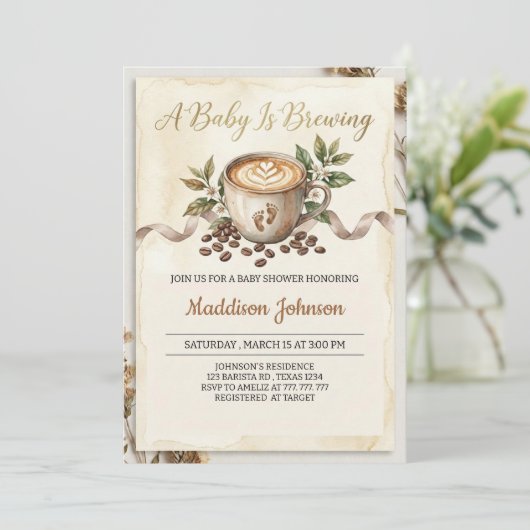 Invitation Bébé prépare un café Baby Shower (Debout devant)