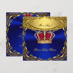 Invitation Bébé Prince Bleu Royal Fête de Naissance Rouge Roy