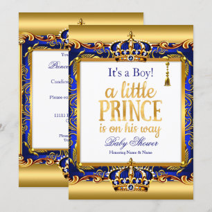 Invitation Bébé prince Cadeau Baby Shower Bleu Orné Or