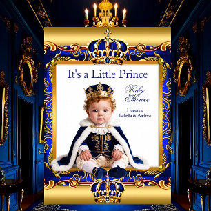 Invitation Bébé prince Cadeau Royal Bleu Orné Doré clair