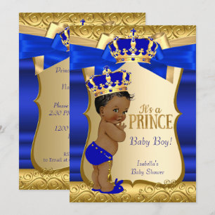 Invitation Bébé Prince Royal Cadeau Bleu Or Damassé Ethnique