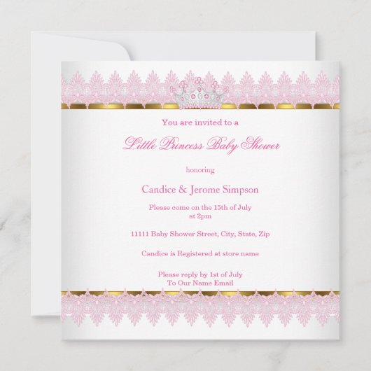 Invitation Bébé princesse Baby Shower Rose Or Brunette Bébé (Dos)