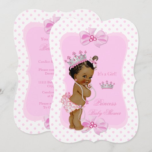 Invitation Bébé princesse Fête prénatale Fille Rose Points et (Devant / Derrière)