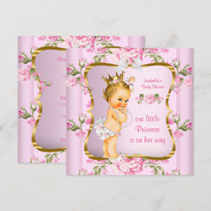 Invitation Bébé Princesse Fête Prénatale Rose Or Floral Blond