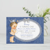 Invitation Bébé Princesse Fille Denim & Diamants Nœuds (Debout devant)