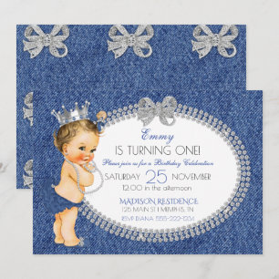 Invitation Bébé Princesse Fille Denim & Diamants Nœuds