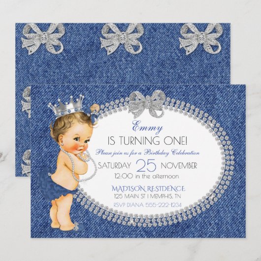 Invitation Bébé Princesse Fille Denim & Diamants Nœuds (Devant / Derrière)