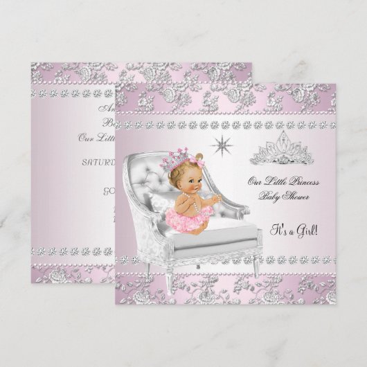 Invitation Bébé Princesse Fille Rose Chaise Argentée Blonde (Devant / Derrière)