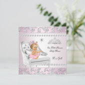 Invitation Bébé Princesse Fille Rose Chaise Argentée Blonde (Debout devant)