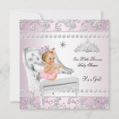 Invitation Bébé Princesse Fille Rose Chaise Argentée Blonde (Devant)