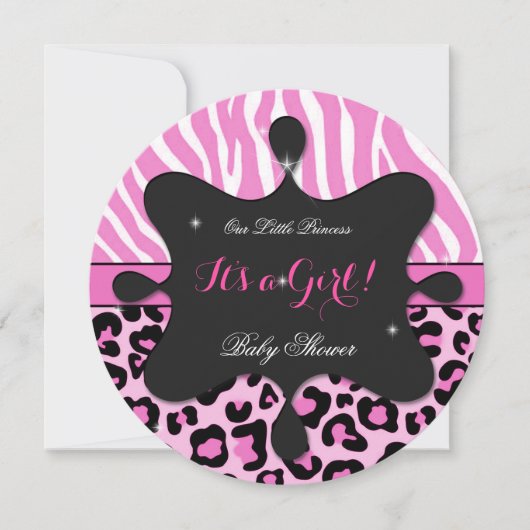 Invitation Bébé Princesse Fille Sa Shower Rose Léopard Zèbre (Devant)